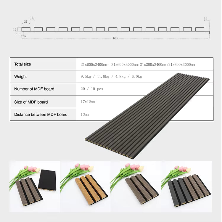 Panneau acoustique mural intérieur en MDF, placage bois insonorisé - 21×600mm