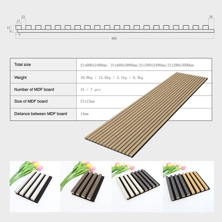 Panneau acoustique mural intérieur en MDF, placage bois insonorisé - 21×600mm