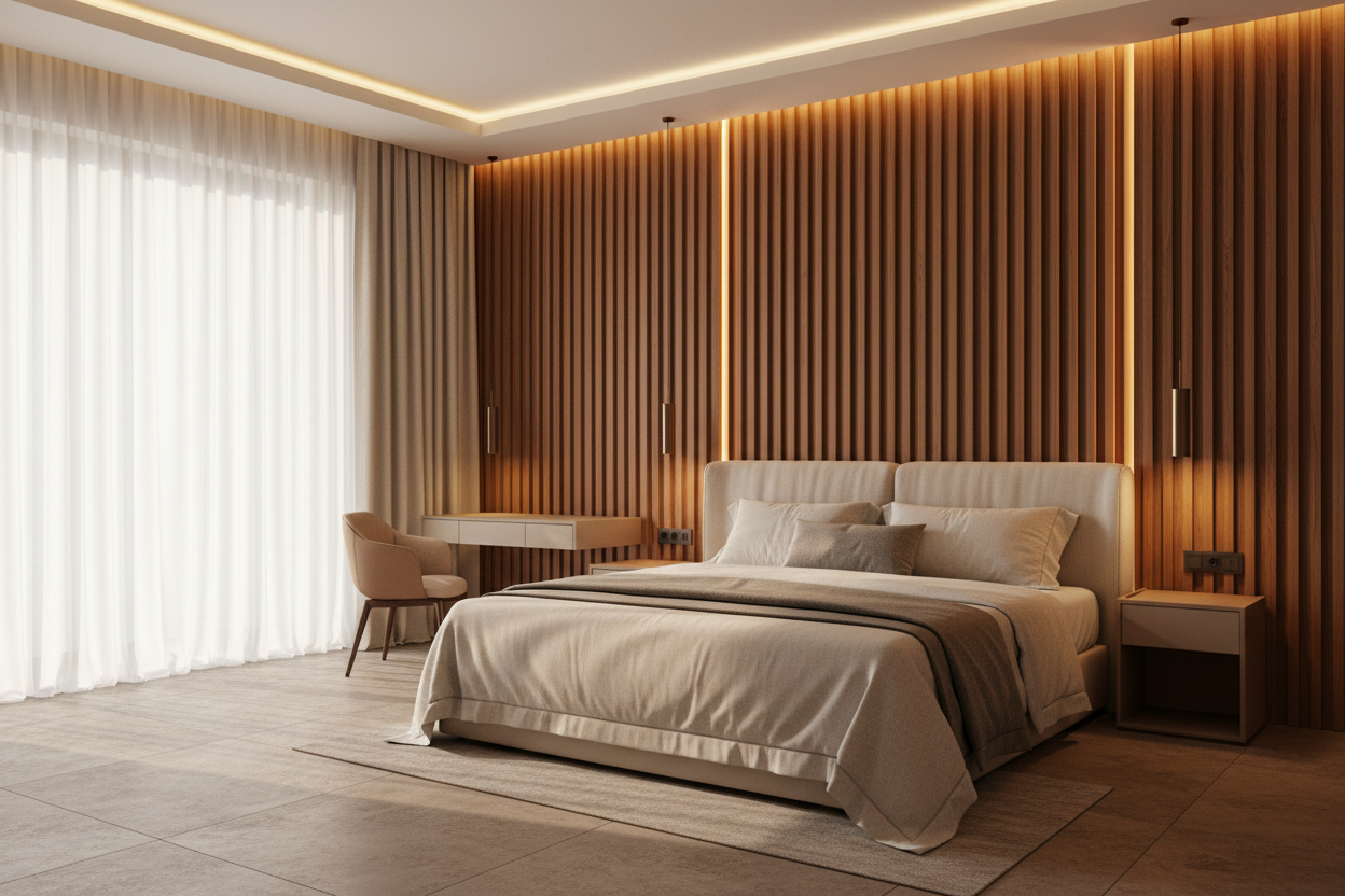 Warm wood-tone wall systems for room environments