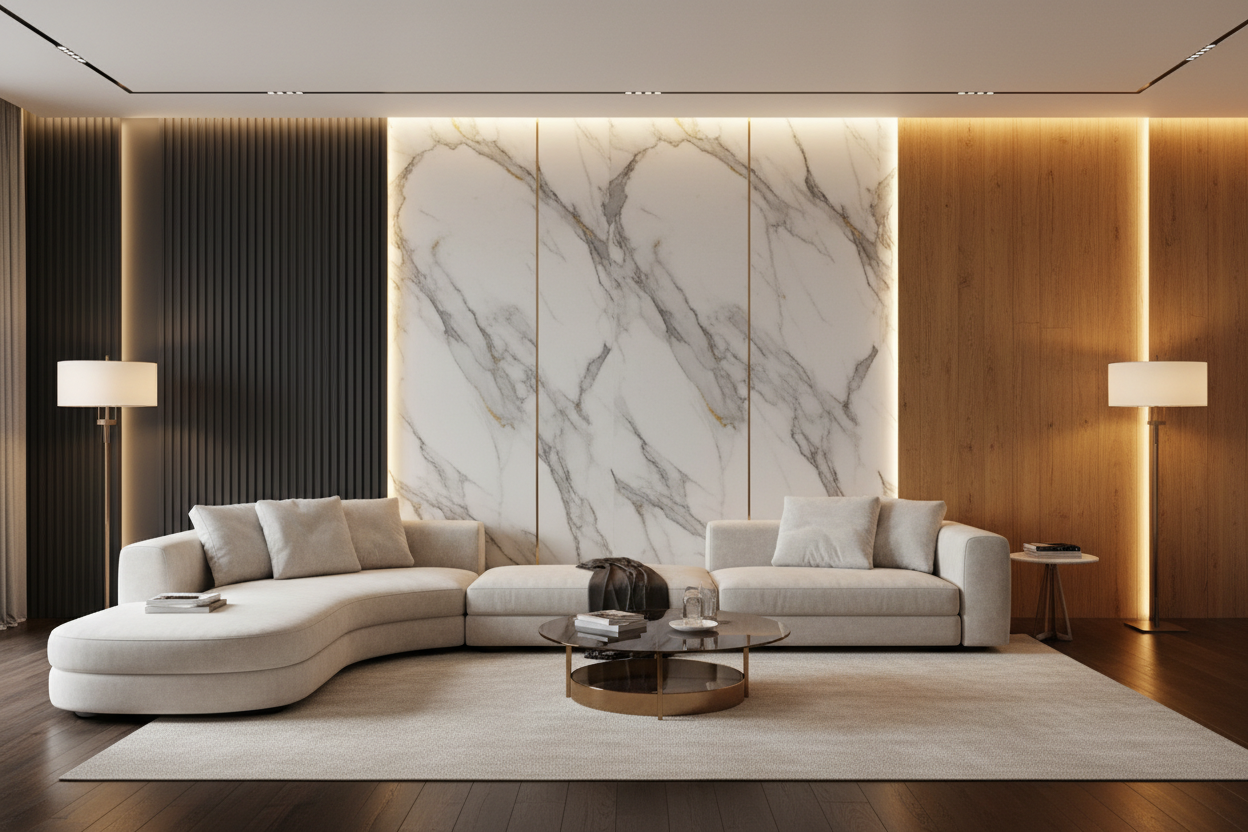 Feature-wall finishes with stronger material presence