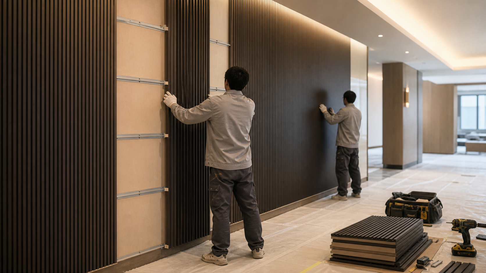 Contractors installing WPC wall panels in a commercial fitout