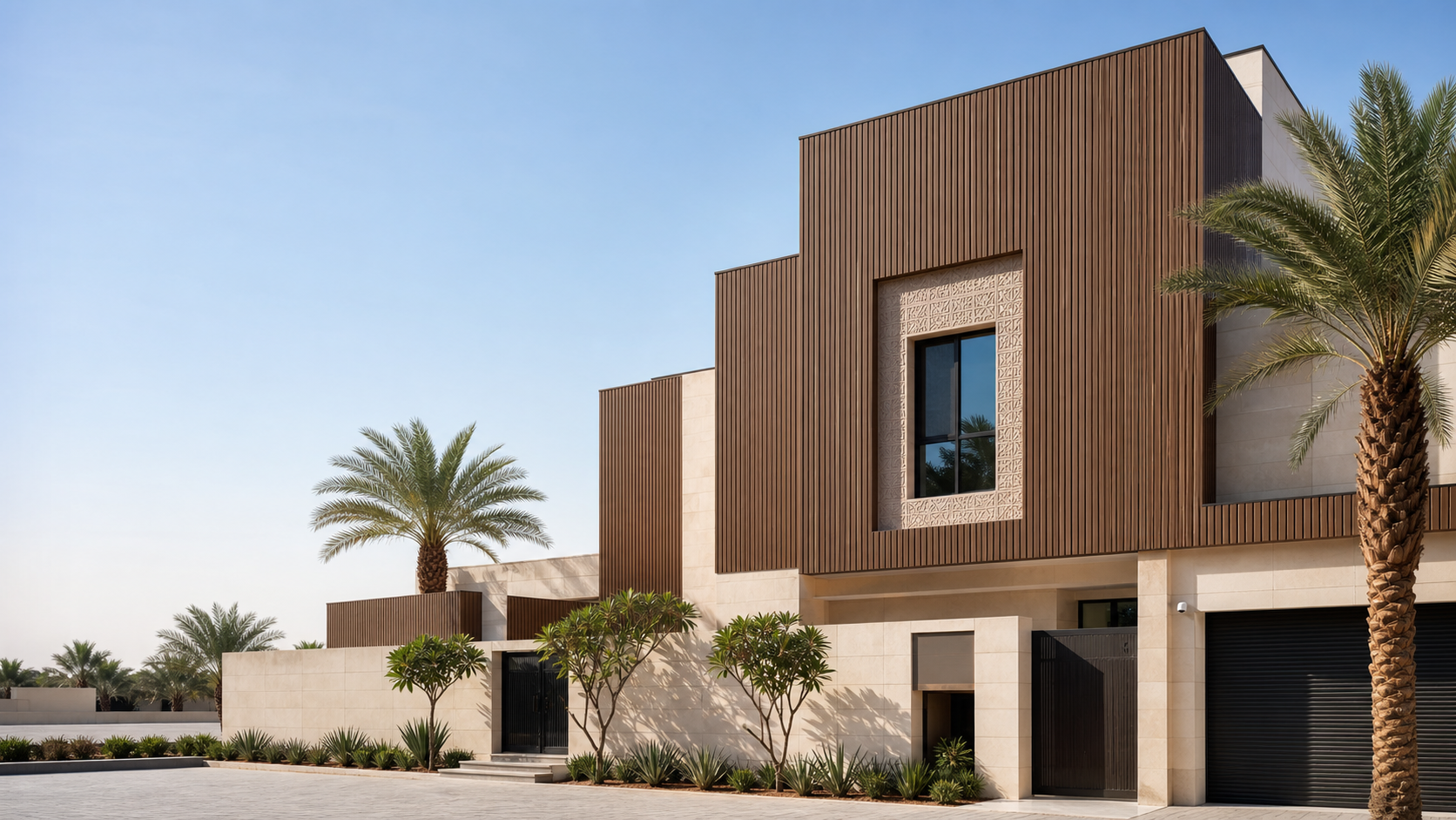 Outdoor WPC facade cladding on a Saudi villa exterior