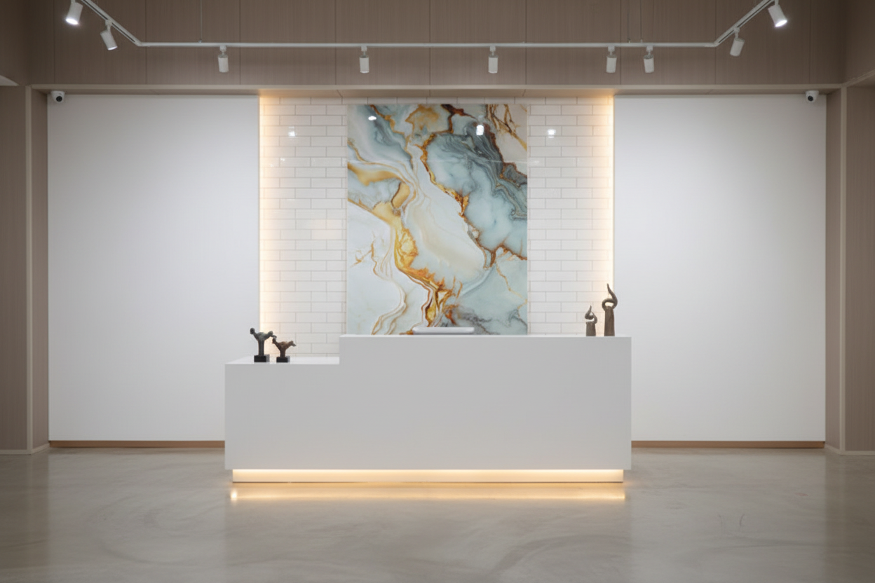 SONSILL 多彩大理石纹PVC板 艺术画廊前台场景