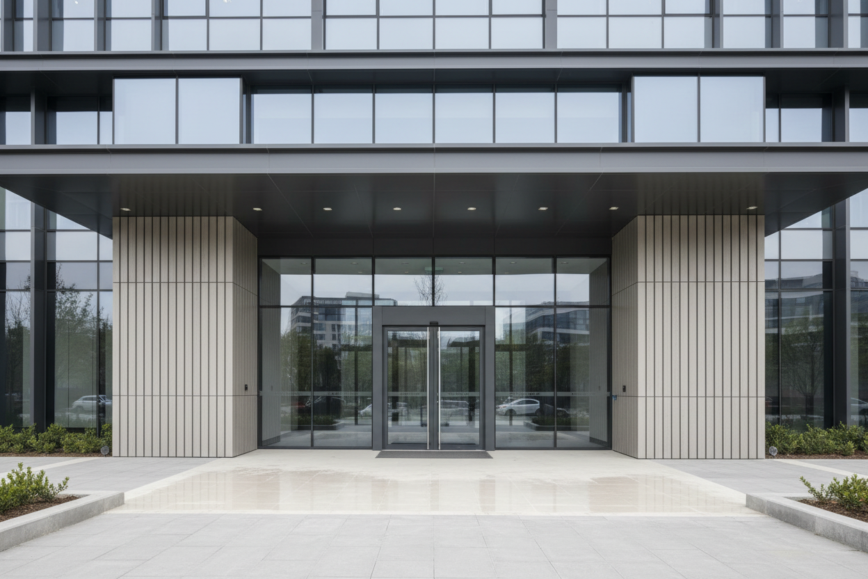 SONSILL 灰米色WPC空心竖肋户外板 办公楼入口场景